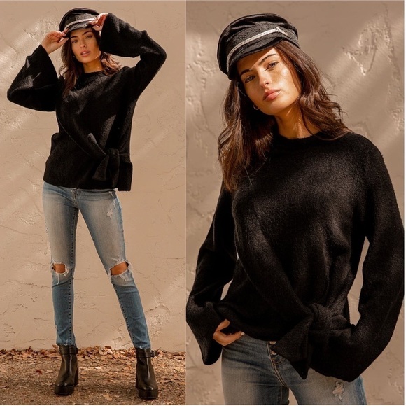 LULU’S Knot Your Average Black Tie Front Sweater - Picture 1 of 4